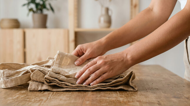 Close-up of a woman folding eco-friendly linen and burlap tote bags on a wooden table at home.