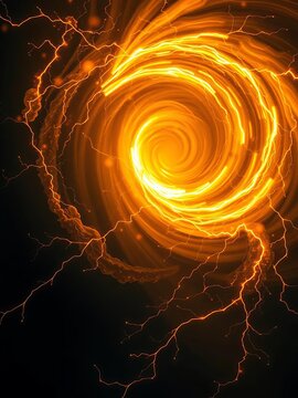 Swirling vortex of golden light in dark space, with tendrils reaching out, vortex, energy