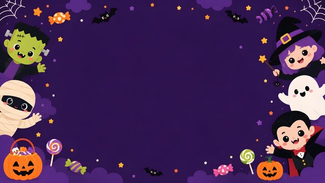 Cute halloween background with cartoon characters like frankenstein, mummy, witch, ghost, and vampire, surrounded by candies and pumpkins on purple backdrop