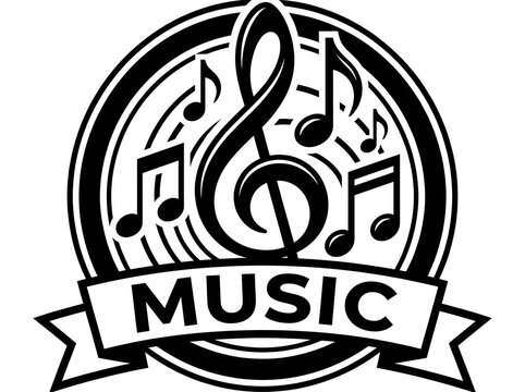 Music icon with treble clef and notes black and white vector illustration.