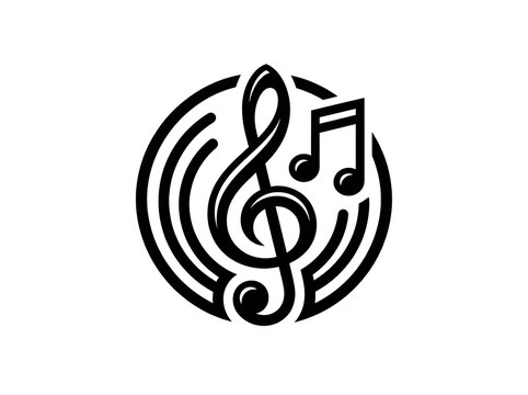 Black music icon with treble clef and notes on a white background.