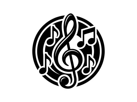 Black music icon with treble clef and notes circular design on a white background.