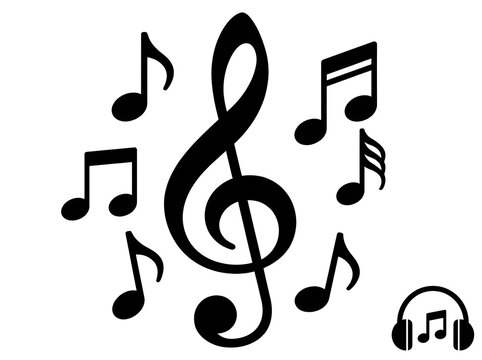 Musical notes and treble clef icon with headphones on a white background.