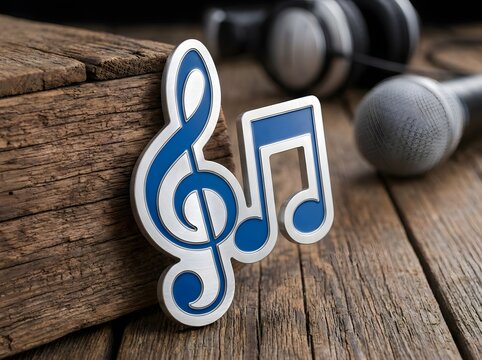 Silver and blue treble clef music icon on wooden planks.