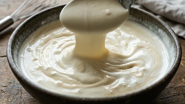 A metal spoon stirs thick white cream in a rustic bowl