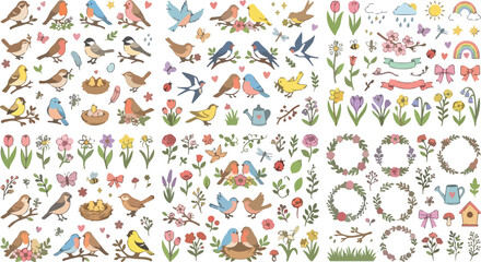Cute Spring Songbirds and Flowers Hand Drawn Vector Illustration Set © MstMursalina