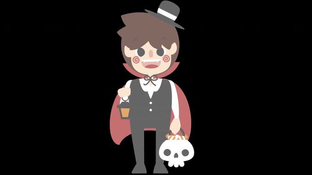 animated video happy halloween holiday festival with boy wearing vampire dracula costume holding skull bucket and lantern, overlay transparent prores 4444 4K