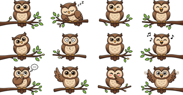 Adorable Cartoon Owl Expression Set with Cute Poses on Tree Branches Singing Sleeping Winking and Flapping Wings for Nursery Decor and Sticker Designs
