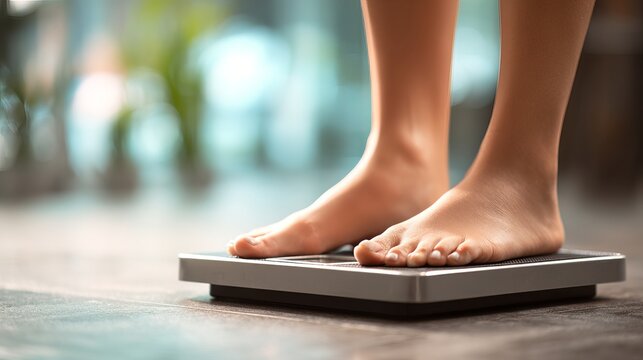 A person stands on a digital scale with bare feet in a blurred background setting