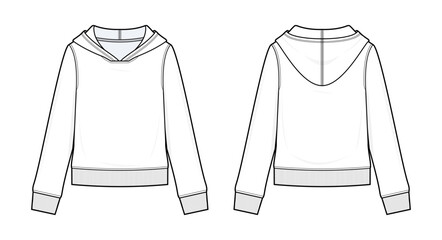 Classic Pullover Hoodie Technical Fashion Illustration. Long Sleeve Sweatshirt with Ribbed Cuffs and Hem Vector Template. Front and Back View. Slim fit Women’s Apparel. CAD Mockup Set. © aiven studio