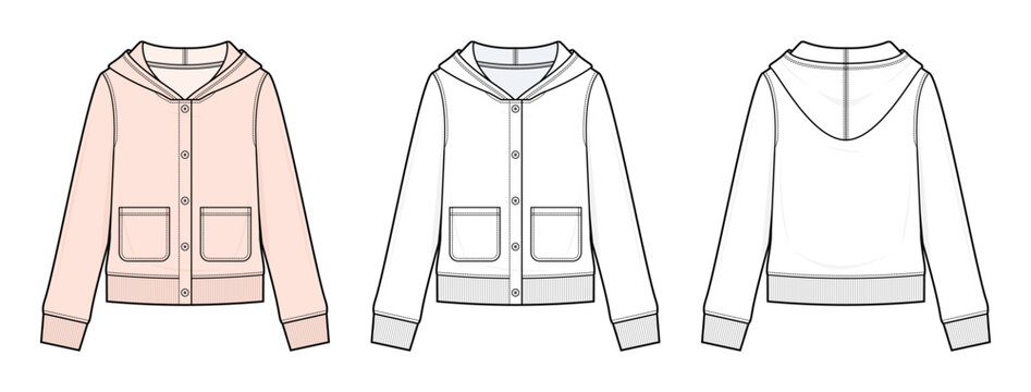Button Front Hooded Cardigan Technical Fashion Illustration. Long Sleeve Hoodie Jacket with Patch Pockets Vector Template. Front and Back View. Women&rsquo;s Apparel. CAD Mockup Set.