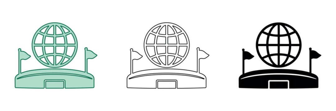 Global stadium icon with flags and globe symbol in three styles