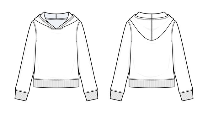 Classic Pullover Hoodie Technical Fashion Illustration. Long Sleeve Sweatshirt with Ribbed Cuffs and Hem Vector Template. Front and Back View. Slim fit Women&rsquo;s Apparel. CAD Mockup Set.