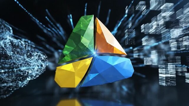 Abstract 3D colorful crystal triangle logo glowing with digital data particles and light rays