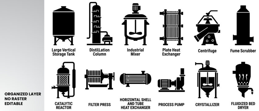 A collection of black industrial equipment icons including a vertical storage tank distillation column mixer heat exchanger centrifuge scrubber catalytic reactor pump and crystallizer