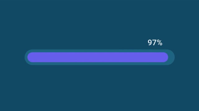 Animated motion graphics showing a purple progress bar loading up to 97 percent over a transparent alpha channel background. Represents an active system update, download status, or data transfer.