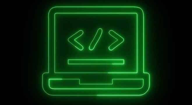 Glowing Neon Laptop Coding Programming Developer Icon Technology Concept on Black Background