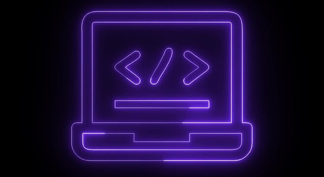 Glowing Neon Laptop Coding Programming Developer Icon Technology Concept on Black Background