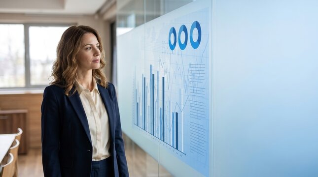 Professional Businesswoman Analyzing Financial Data Graphs and Market Trends on Transparent Digital Display in Modern Corporate Office