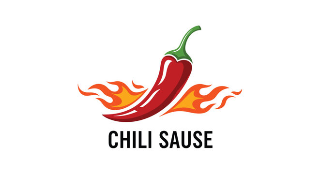Red hot chili pepper illustration with spicy orange flames and text chili sause isolated on a white background.
