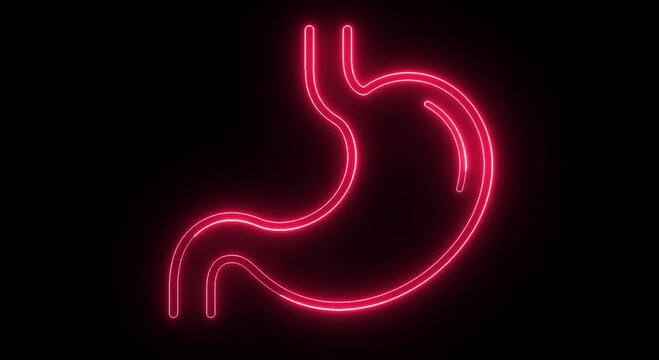 Human Stomach Anatomy Icon on Black Background, Glowing Digestive System Medical Illustration