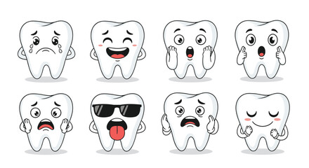 Obraz premium Cute collection of eight tooth cartoon character emoticons showing diverse facial expressions and moods on white.