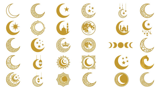 Luxury golden Islamic crescent moon vector icon set for Ramadan Kareem and Eid celebration design