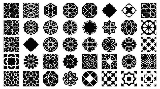 Collection of intricate Islamic geometric tile patterns and ornamental silhouette vector shapes