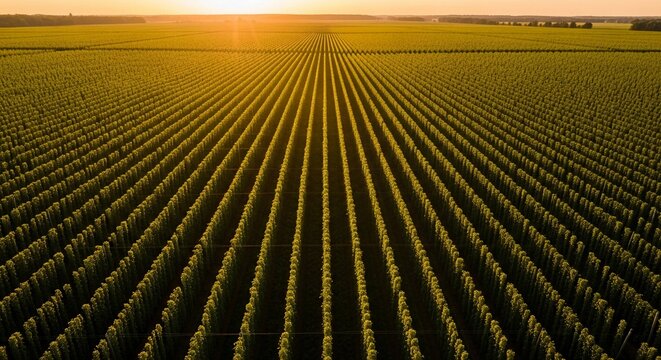 Expansive Hop Fields Under Golden Sunset Sunlight, Aerial View of Agriculture Cultivation