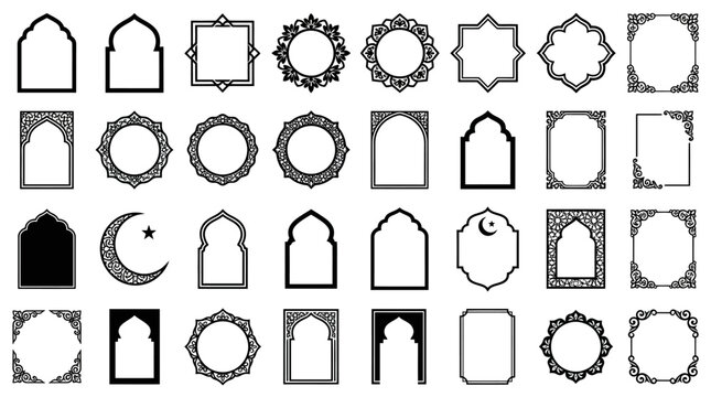 Collection of black and white Islamic frames with geometric shapes and traditional motifs