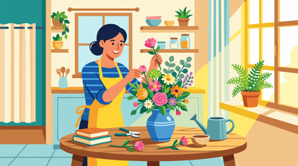 Fototapeta premium Smiling young woman in yellow apron carefully arranging colorful fresh flowers in blue vase on wooden kitchen table with bright sunlight streaming through window in cozy home interior