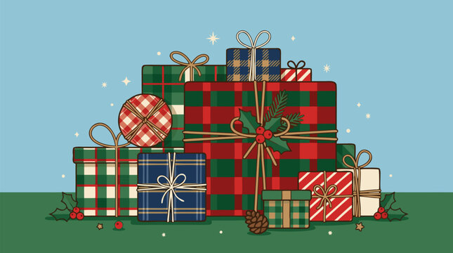 Holiday gift pile wrapped in plaid paper and twine ribbon, cheerful vector illustration of rustic Christmas presents with holly, pine, bows, snowflakes, tartan patterns, and festive giving