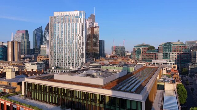 Aerial Video of City of London Financial District Skyline from Spitalfields area. 