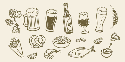 Fototapeta na wymiar Beer and Snack Set Doodle Vector Illustration