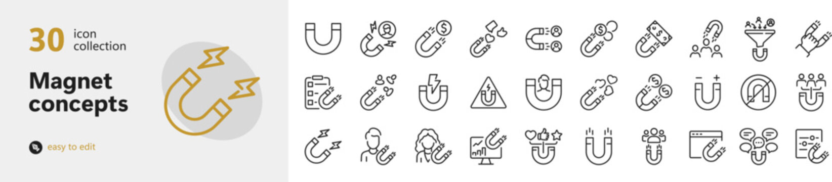Magnet concepts 30 outline icon set for physics attraction and magnetic force