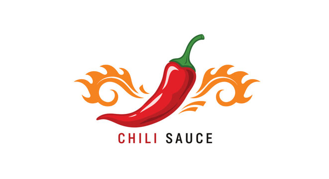 Chili Sauce logo featuring a realistic red hot chili pepper with abstract orange flames behind it on white.