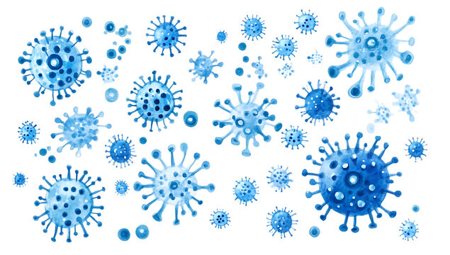 A collection of blue watercolor style coronavirus cells floating , for medical and, scientific educational purposes, png. ai generated isolated on a transparent background