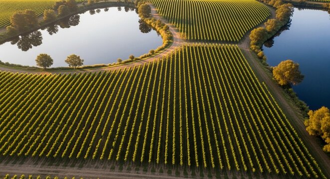 Expansive vineyard landscape with neatly ordered rows of grapevines and a serene pond under natural light