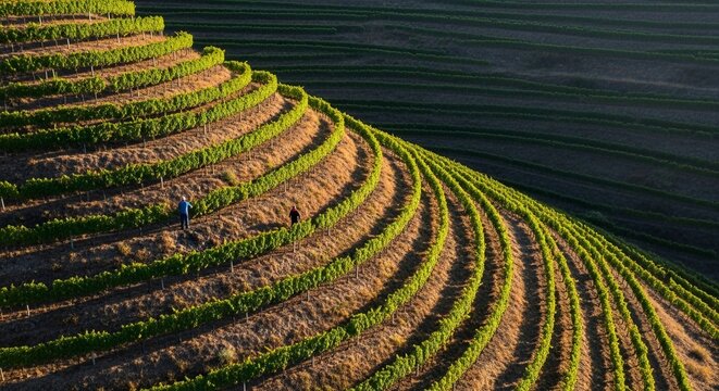 Expansive vineyard terraces on a sun-drenched hillside showcasing the agricultural bounty of grape cultivation during harvest season.