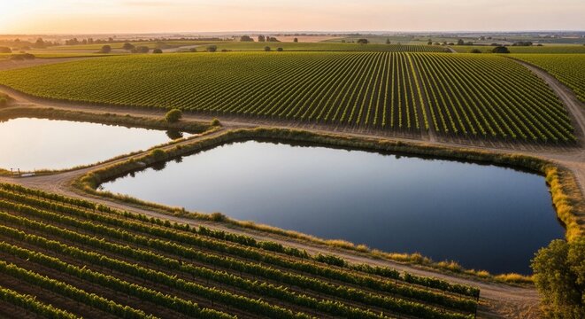 Expansive vineyard with water reservoir reflecting sky at sunset, showcasing agricultural abundance and natural beauty.