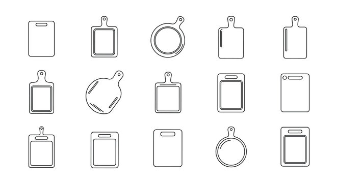 Comprehensive collection of fifteen diverse cutting board outline icons in various geometric shapes on white.