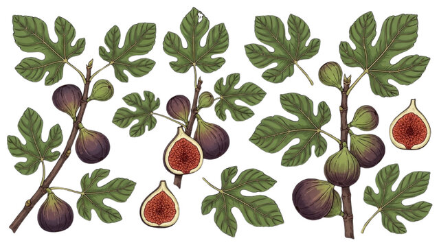 A 2D Vector Illustration of fig trees with green leaves and ripe purple figs