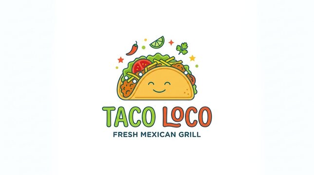 Taco loco logo design featuring fresh mexican grill theme with happy smiling taco graphic.