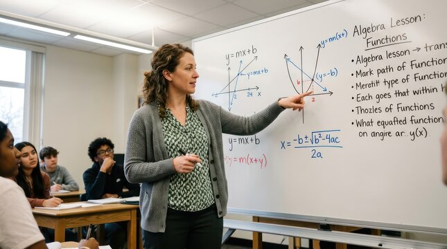 Teacher explaining math lesson with linear functions and equations on classroom whiteboard.