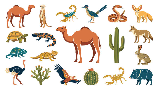 Flat Vector Illustration Set of Desert Wildlife: Animals, Birds, Reptiles, and Cactus Plants in Cartoon Style.