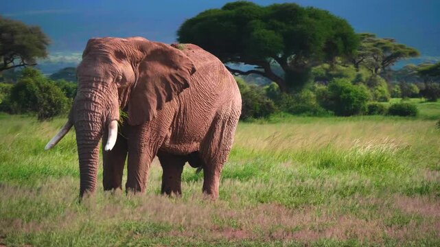 A large African elephant covered in reddish brown mud standing peacefully in a green grassy savanna field next to trees