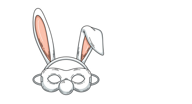 White bunny mask vector drawing with one floppy folded ear and pink detailing isolated on a white background.