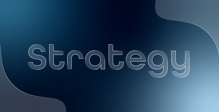 Moderner 3D-Schriftzug "Strategy" als Vektorgrafik im blauen Glas-Effekt, eleganter transparenter Glassmorphic-Stil, Webdesign-Element