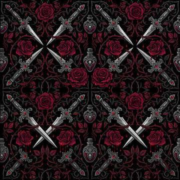 Seamless dark gothic pattern with ornate daggers, bleeding red roses, thorny vines, and potion bottles with skulls. Beautiful fantasy digital illustration on a black background.