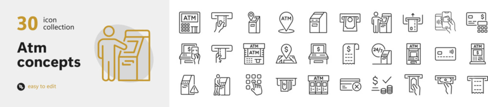Thirty atm and financial banking line icons for digital monetary transactions